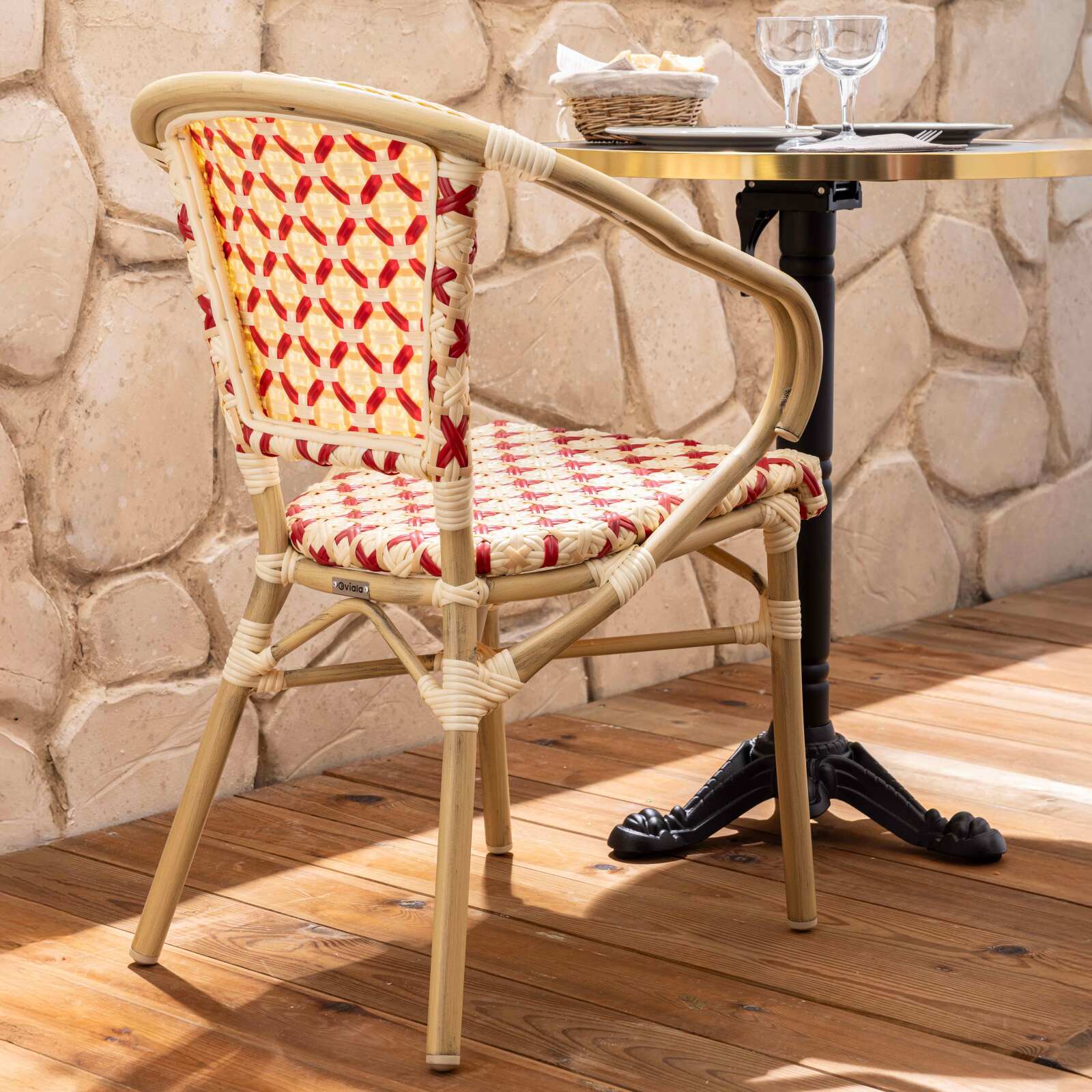 Sedia da giardino stile bistrot parigino in alluminio e rattan sintetico con braccioli
