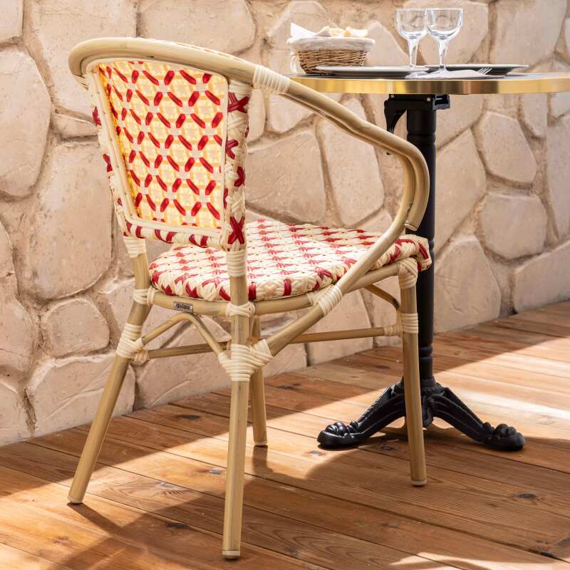 Sedia da giardino stile bistrot parigino in alluminio e rattan sintetico con braccioli