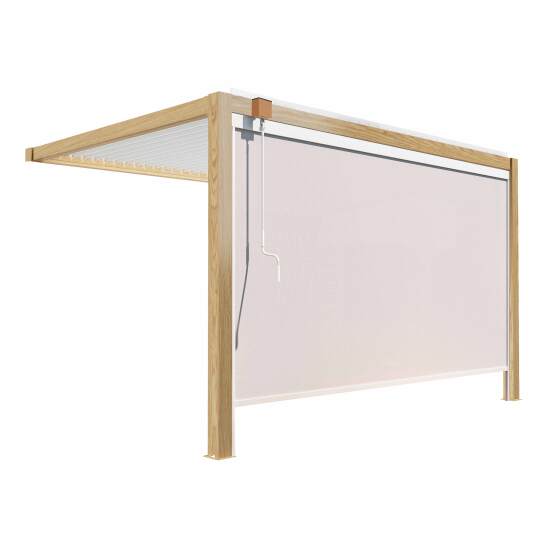 Pergola bioclimatica addossata 3 x 4 m in alluminio bianco con decoro legno con 1 tenda | Oviala