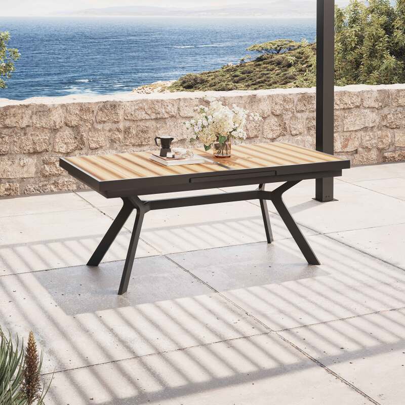 Tavolo da giardino rettangolare allungabile (187/250 x 90 x 77 cm) in alluminio ed effetto legno