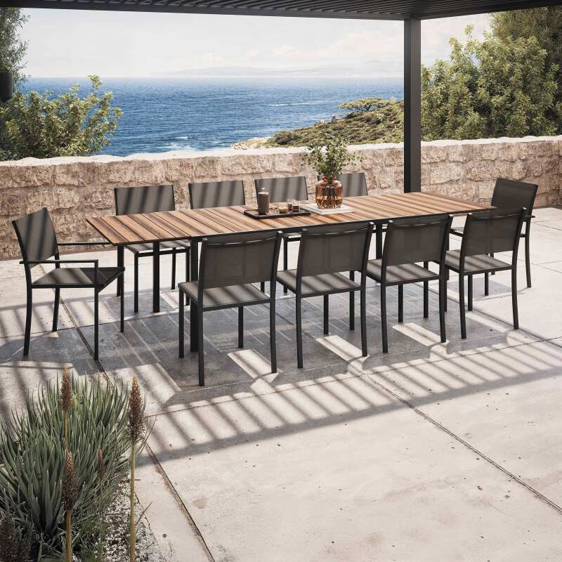 Tavolo da giardino rettangolare allungabile con 8 sedie e 2 sedie con braccioli