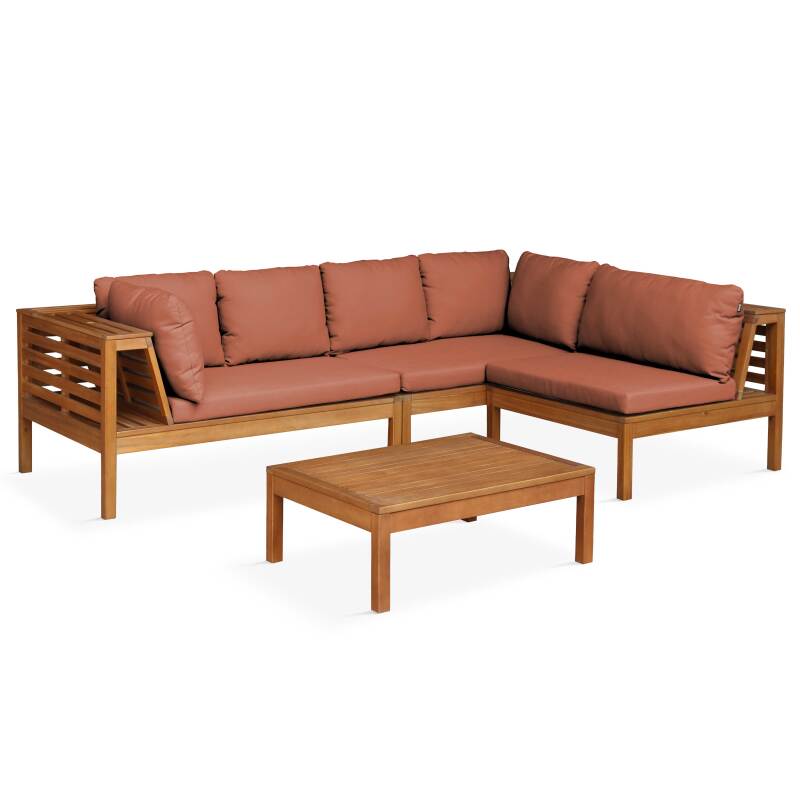 Salotto da giardino basso ad angolo per 4 persone con tavolo in legno di eucalipto FSC®