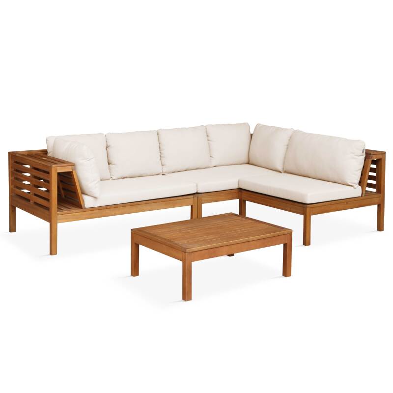 Salotto da giardino basso ad angolo per 4 persone con tavolo in legno di eucalipto FSC®