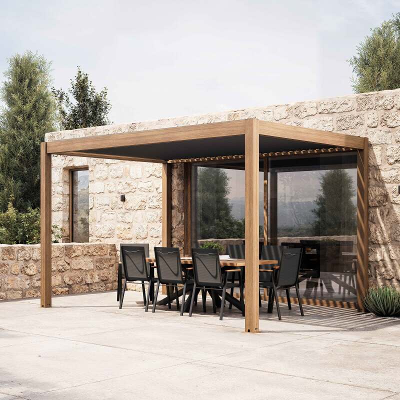 Pergola bioclimatica autoportante 4x3 m effetto legno in alluminio 1,2 o 3 avvolgibili