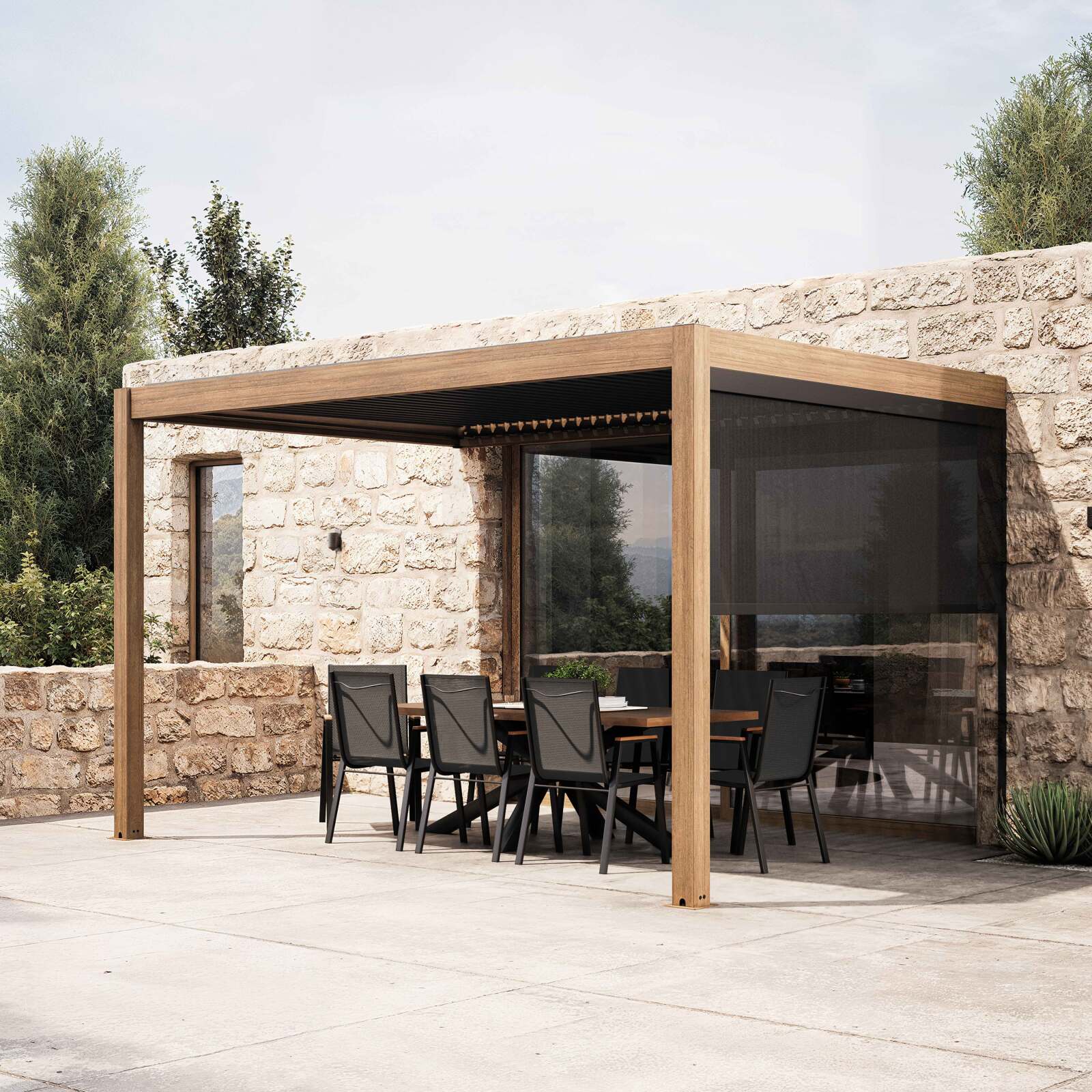 Pergola bioclimatica addossata 4x3m in alluminio effetto legno con 1, 2 o 3 tende