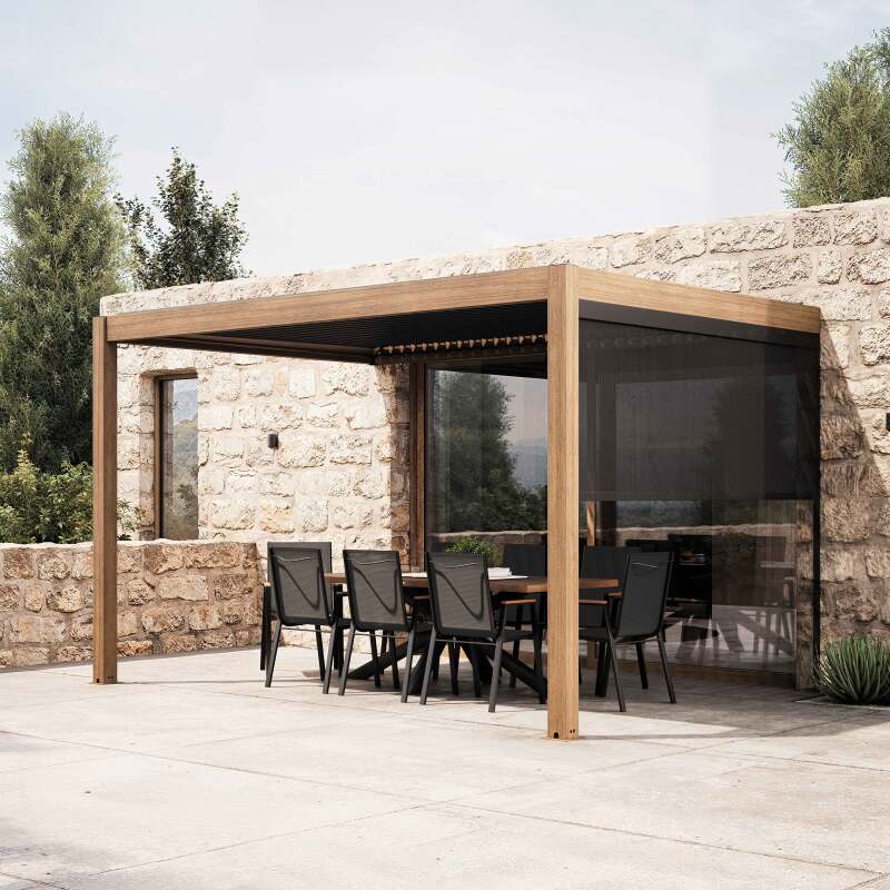 Pergola bioclimatica addossata 4x3m in alluminio effetto legno con 1, 2 o 3 tende
