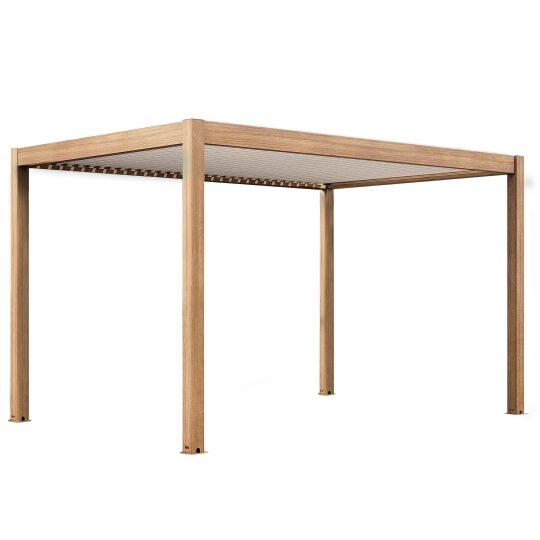 Pergola bioclimatica autoportante 4x3m motorizzata effetto legno tetto in alluminio bianco con illuminazione a led | Oviala