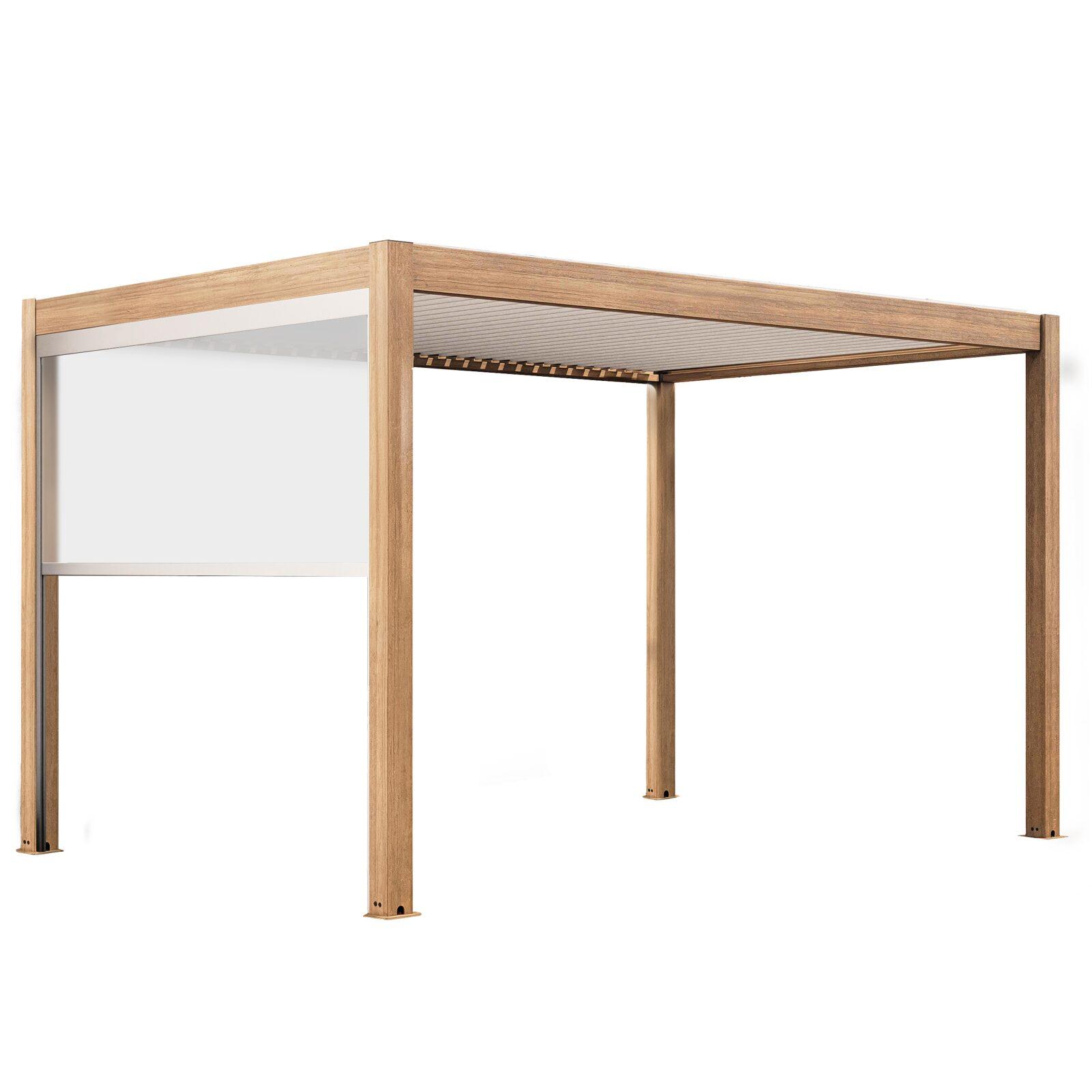 Pergola bioclimatica autoportante 4x3m motorizzata/illuminata effetto legno tetto in alluminio bianco con 1, 2 o 3 tende