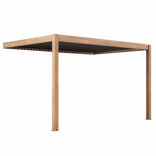 Pergola bioclimatica 4x3m motorizzata addossata a parete in alluminio effetto legno tetto grigio con illuminazione a led | Ovial