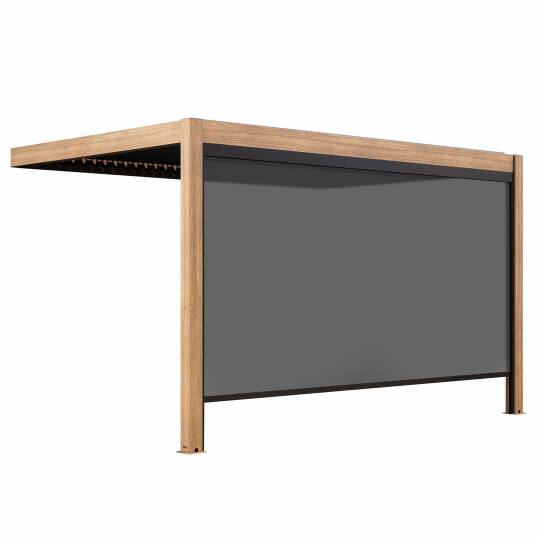 Pergola bioclimatica addossata 4x3m motorizzata/illuminata effetto legno in alluminio con 1, 2 o 3 tende