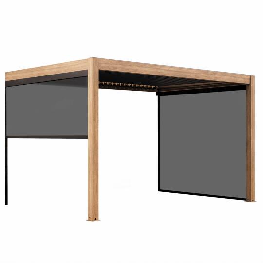 Pergola bioclimatica addossata 4x3m motorizzata/illuminata effetto legno in alluminio con 1, 2 o 3 tende | Oviala