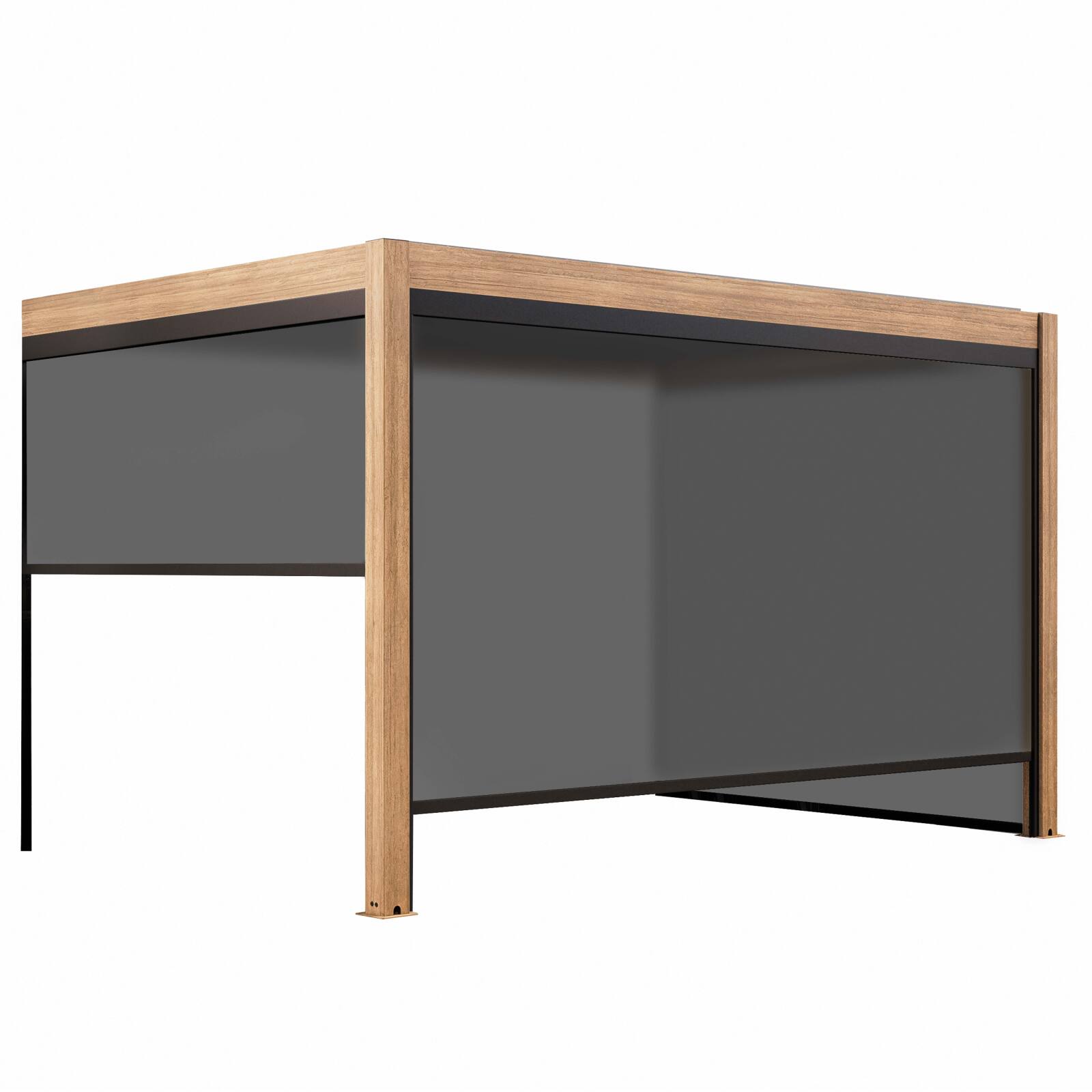 Pergola bioclimatica addossata 4x3m motorizzata/illuminata effetto legno in alluminio con 1, 2 o 3 tende