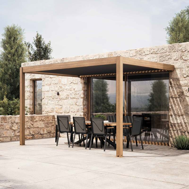 Pergola bioclimatica addossata 4x3m motorizzata/illuminata effetto legno in alluminio con 1, 2 o 3 tende