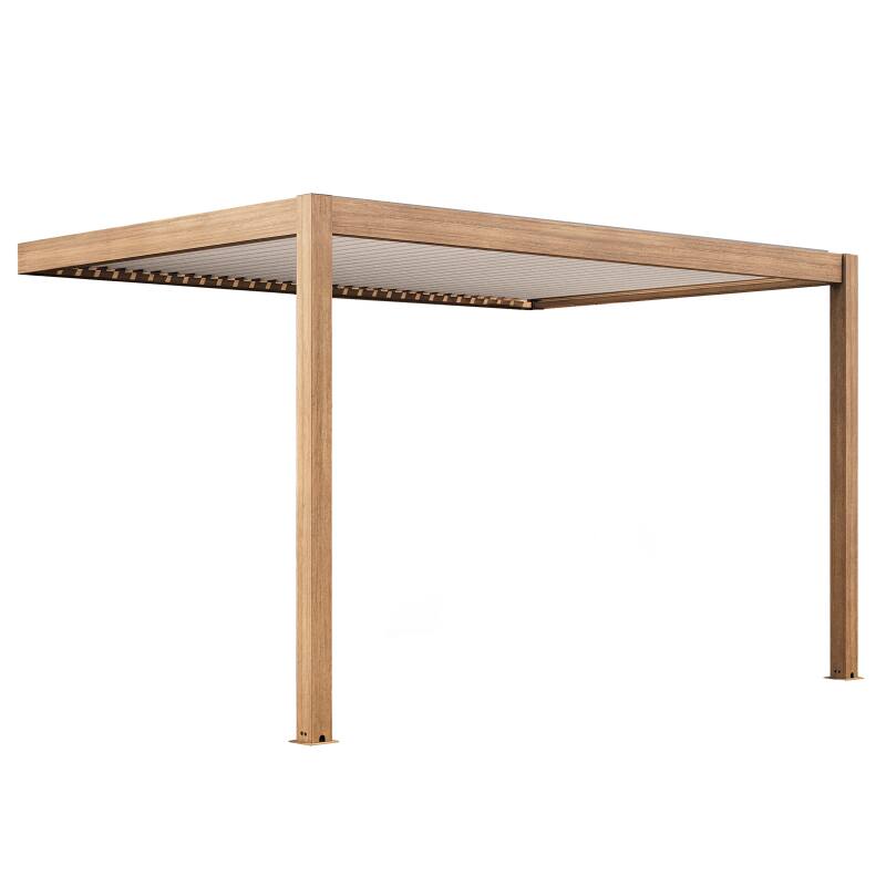 Pergola bioclimatica 4x3m motorizzata addossata in alluminio effetto legno tetto bianco con illuminazione a led