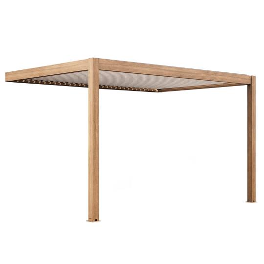 Pergola bioclimatica 4x3m motorizzata addossata in alluminio effetto legno tetto bianco con illuminazione a led | Oviala