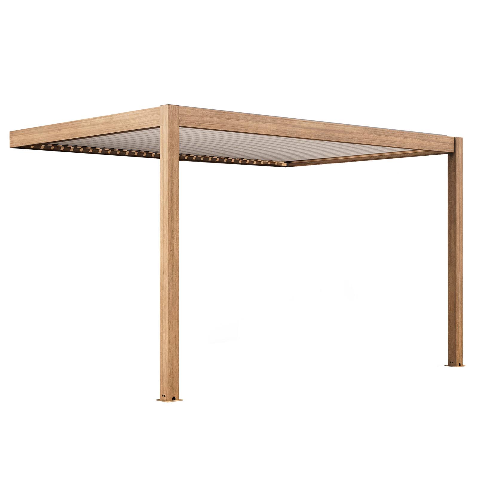 Pergola bioclimatica addossata 4x3m motorizzata/illuminata effetto legno tetto in alluminio bianco con 1, 2 o 3 tende