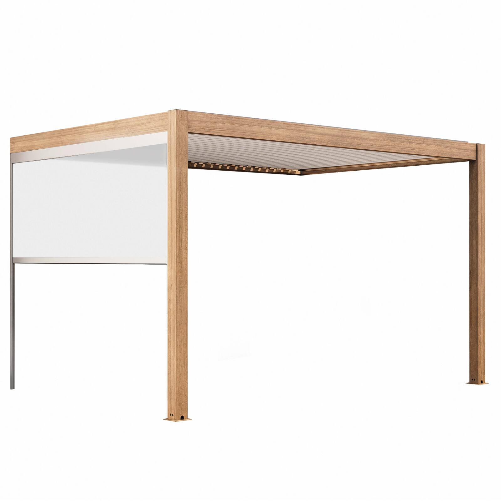 Pergola bioclimatica addossata 4x3m motorizzata/illuminata effetto legno tetto in alluminio bianco con 1, 2 o 3 tende