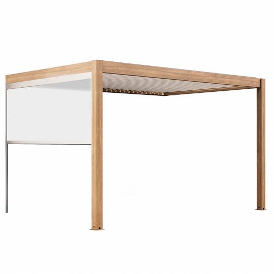 Pergola bioclimatica addossata 4x3m motorizzata/illuminata effetto legno tetto in alluminio bianco con 1, 2 o 3 tende