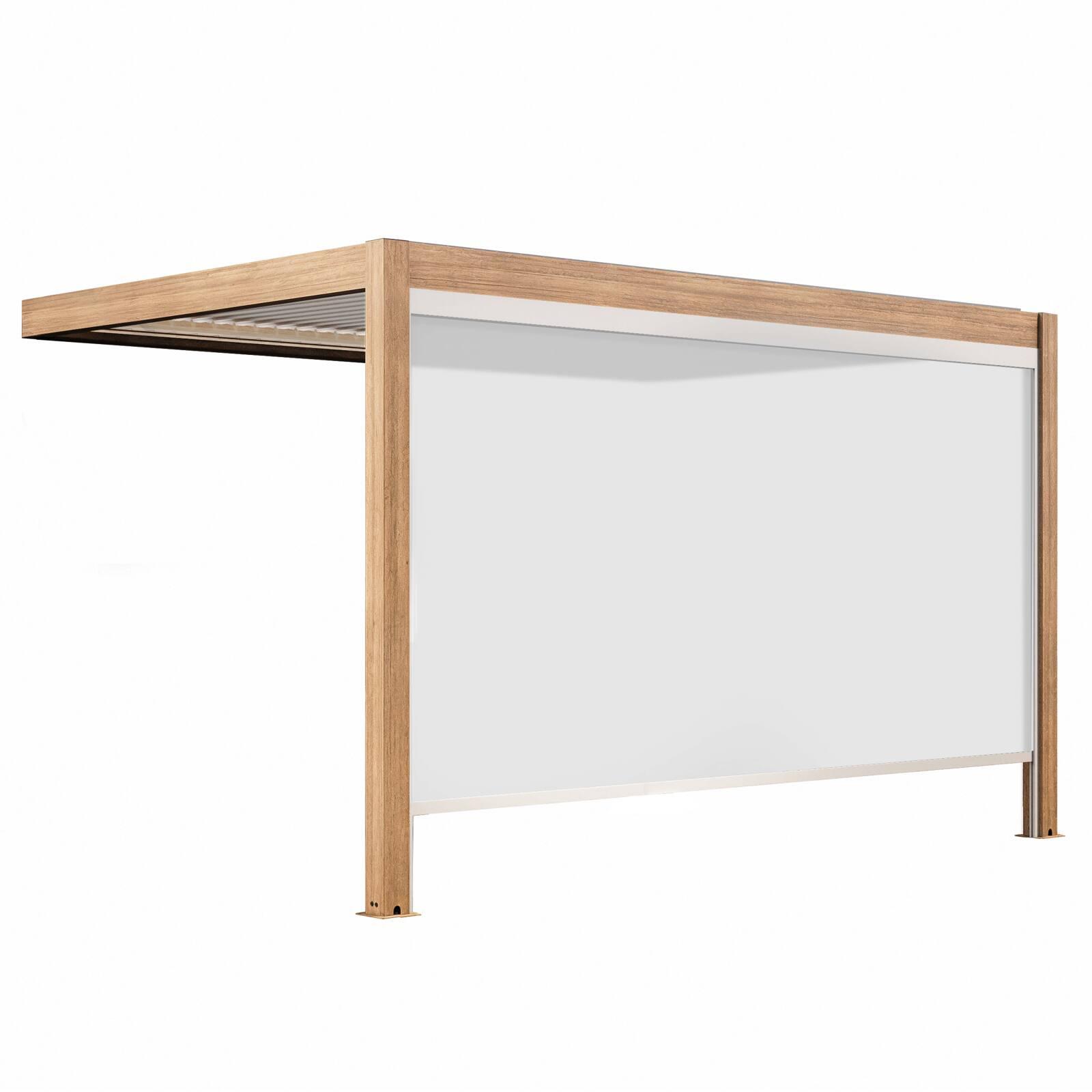 Pergola bioclimatica addossata 4x3m motorizzata/illuminata effetto legno tetto in alluminio bianco con 1, 2 o 3 tende