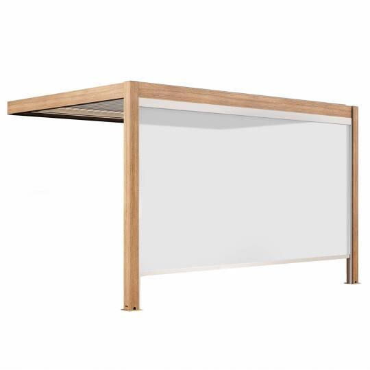 Pergola bioclimatica addossata 4x3m motorizzata/illuminata effetto legno tetto in alluminio bianco con 1, 2 o 3 tende | Oviala