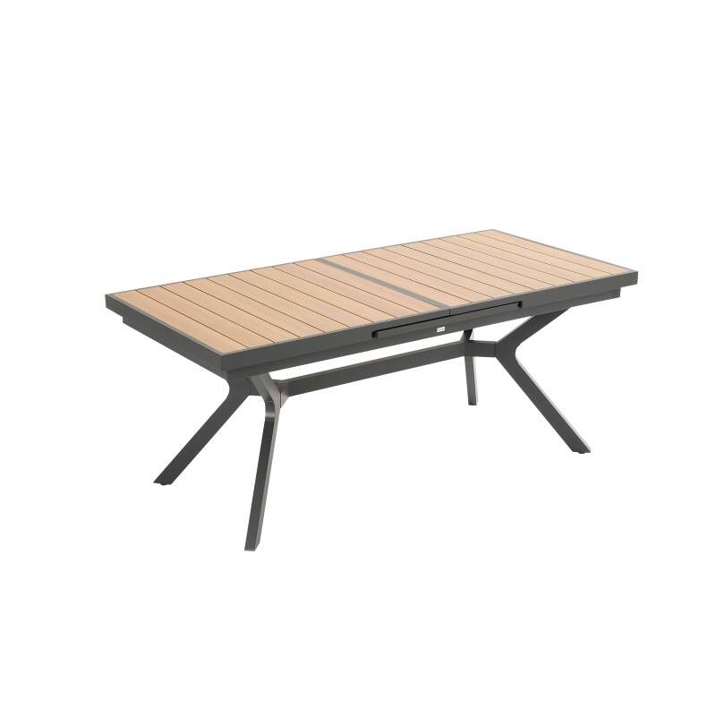 Tavolo da giardino rettangolare allungabile (187/250 x 90 x 77 cm) in alluminio ed effetto legno
