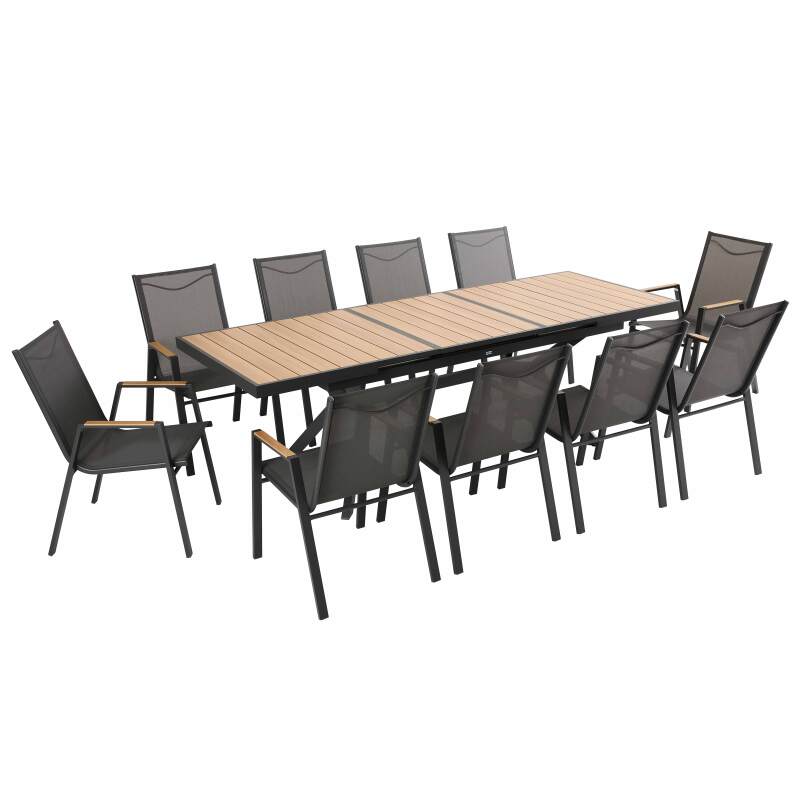 Tavolo da giardino rettangolare allungabile 187/250 cm in alluminio e 10 sedie con braccioli