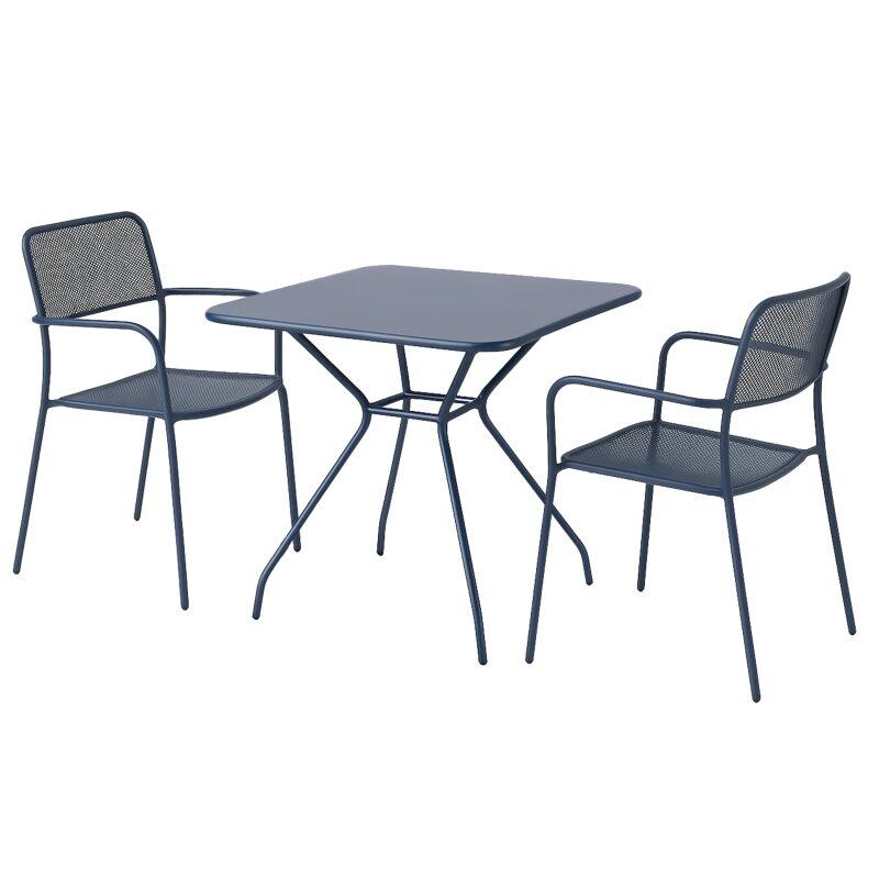Tavolo da giardino quadrato 70 x 70 x 73 cm e 2 sedie con braccioli in metallo  