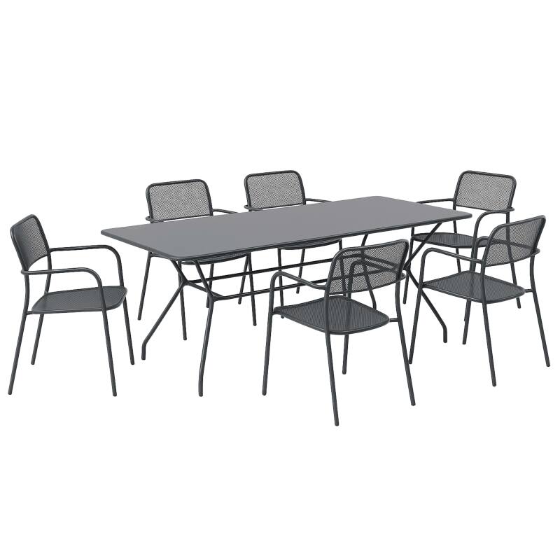 Tavolo da giardino rettangolare 140 x 80 x 75 cm e 6 sedie con braccioli in metallo  