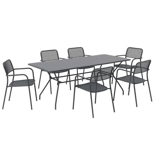 Tavolo da giardino rettangolare 140 x 80 x 75 cm e 6 sedie con braccioli in metallo