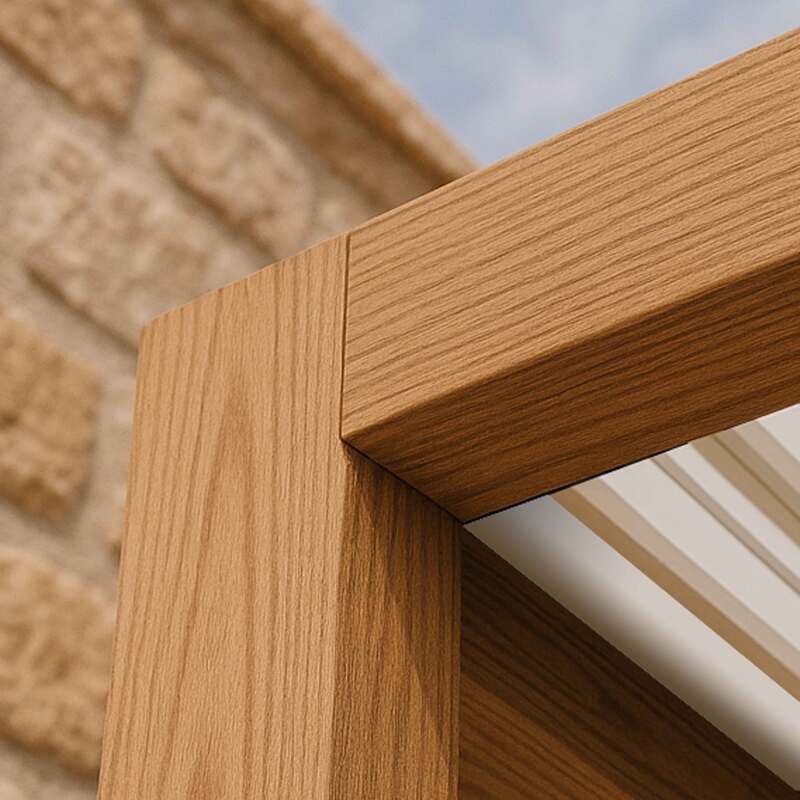 Pergola bioclimatica 4x3m motorizzata addossata in alluminio effetto legno tetto bianco con illuminazione a led