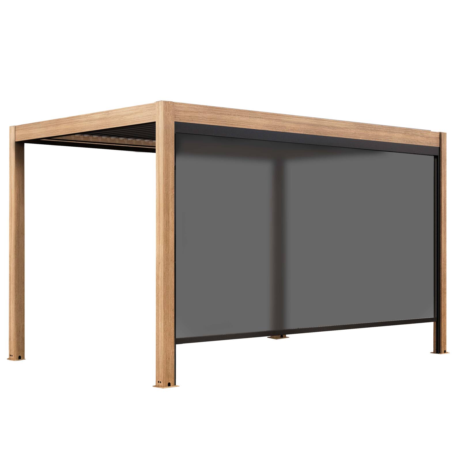 Pergola bioclimatica autoportante 4x3m motorizzata/illuminata effetto legno tetto in alluminio grigio con 1, 2 o 3 tende