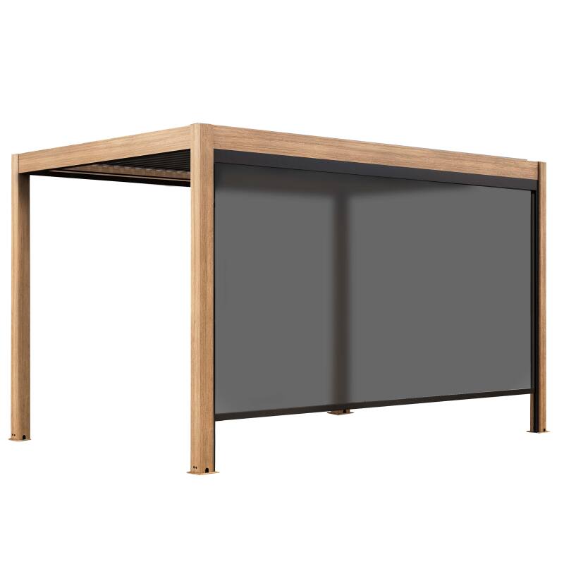 Pergola bioclimatica autoportante 4x3m motorizzata/illuminata effetto legno tetto in alluminio grigio con 1, 2 o 3 tende