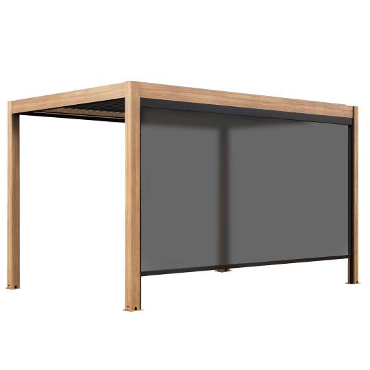 Pergola bioclimatica autoportante 4x3m motorizzata/illuminata effetto legno tetto in alluminio grigio con 1, 2 o 3 tende | Ovial