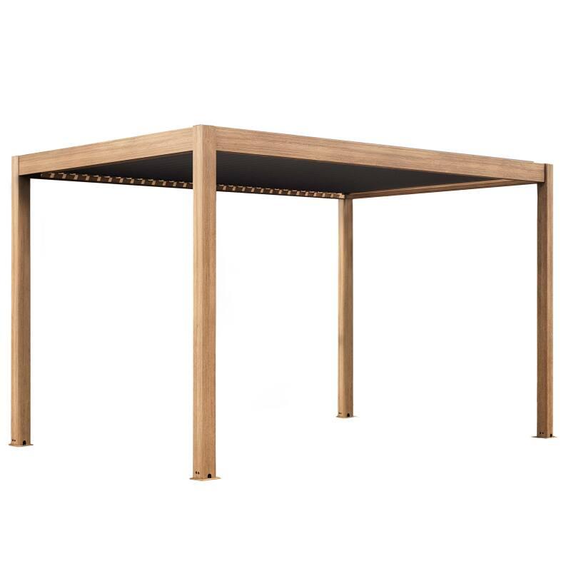 Pergola bioclimatica autoportante 4x3m motorizzata/illuminata effetto legno tetto in alluminio grigio con 1, 2 o 3 tende