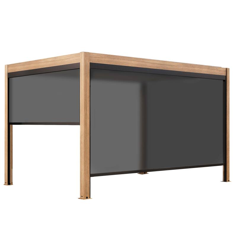 Pergola bioclimatica autoportante 4x3m motorizzata/illuminata effetto legno tetto in alluminio grigio con 1, 2 o 3 tende