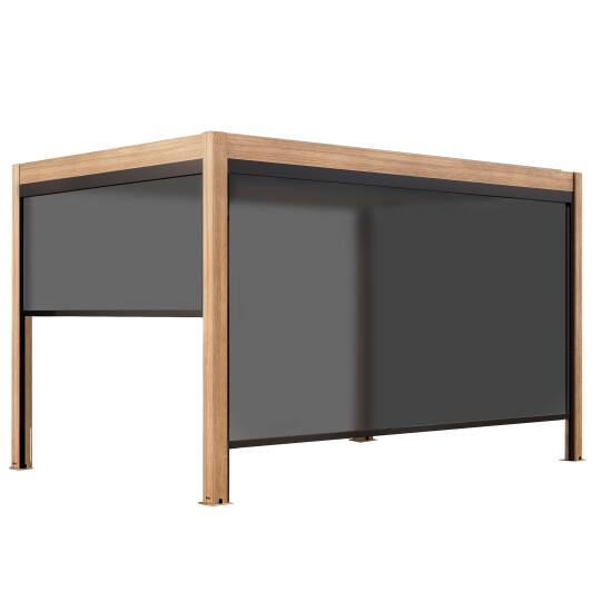 Pergola bioclimatica autoportante 4x3m motorizzata/illuminata effetto legno tetto in alluminio grigio con 1, 2 o 3 tende | Ovial
