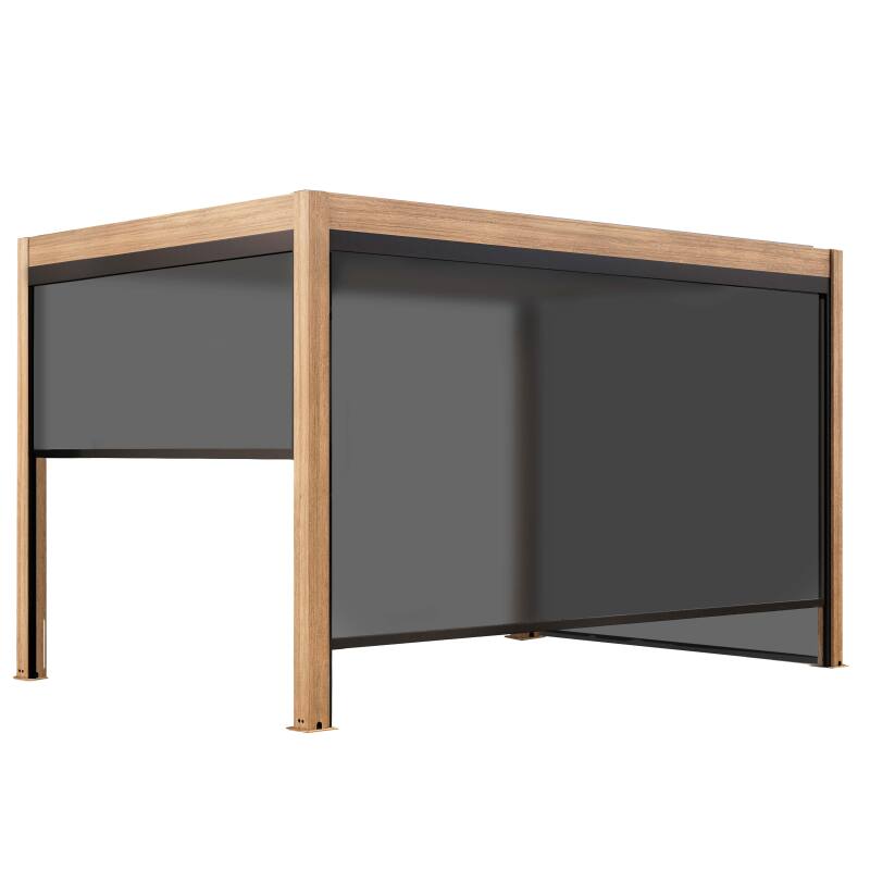 Pergola bioclimatica autoportante 4x3m motorizzata/illuminata effetto legno tetto in alluminio grigio con 1, 2 o 3 tende