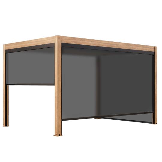 Pergola bioclimatica autoportante 4x3m motorizzata/illuminata effetto legno tetto in alluminio grigio con 1, 2 o 3 tende | Ovial
