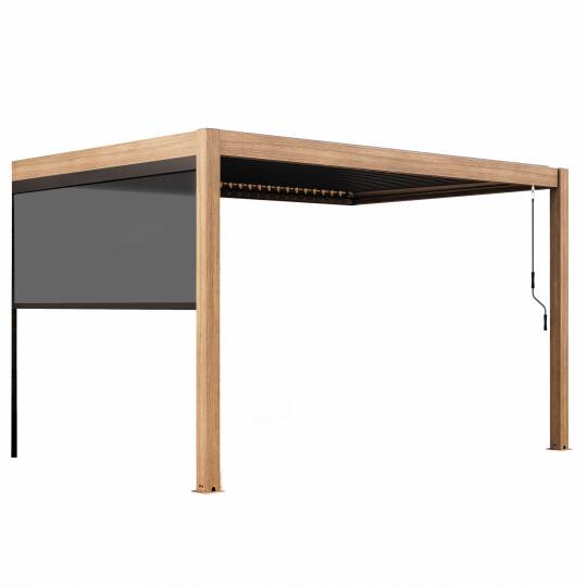 Pergola bioclimatica addossata 4x3m in alluminio effetto legno con 1, 2 o 3 tende | Oviala