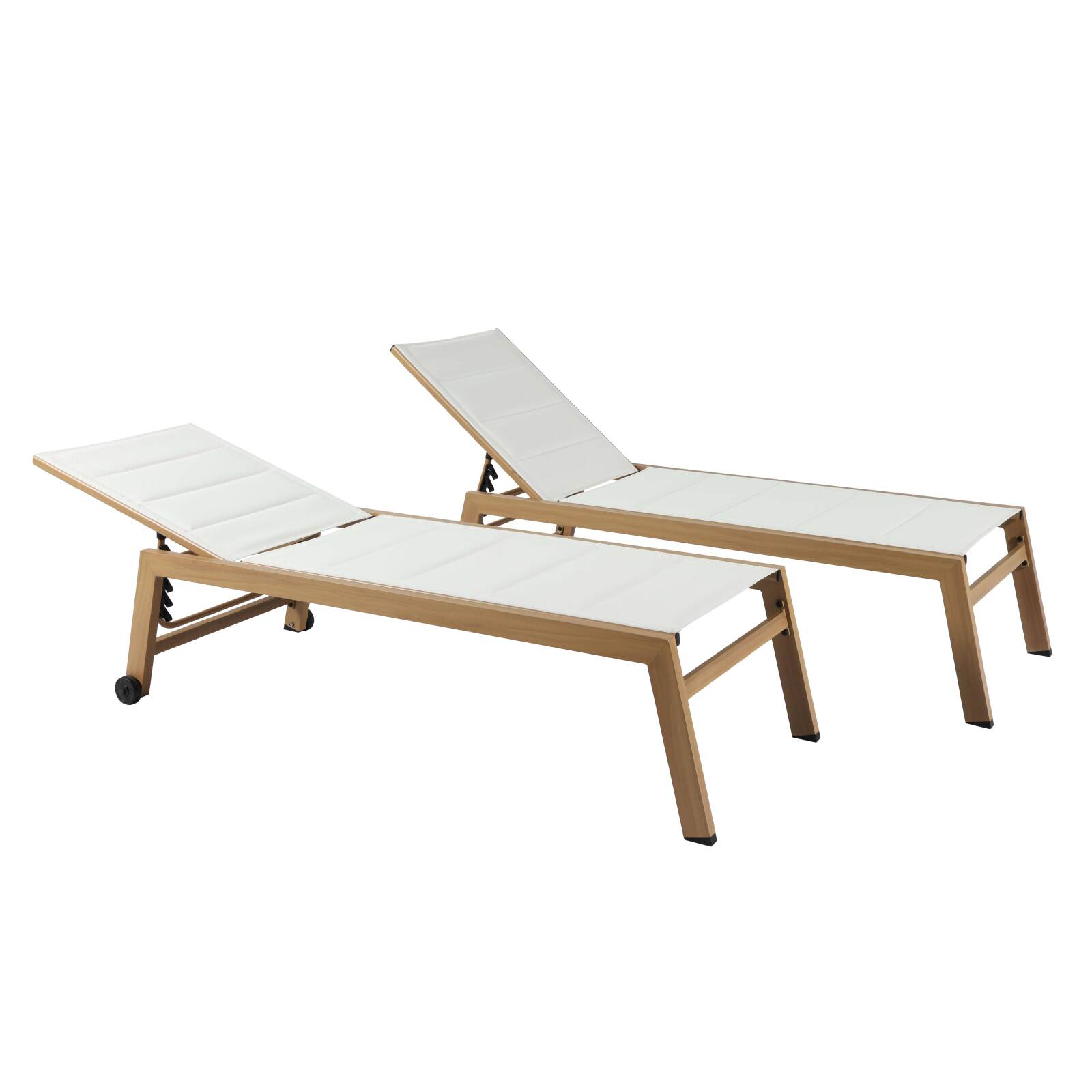 Set di 2 lettini prendisole in alluminio effetto legno con ruote, reclinabili in 5 posizioni