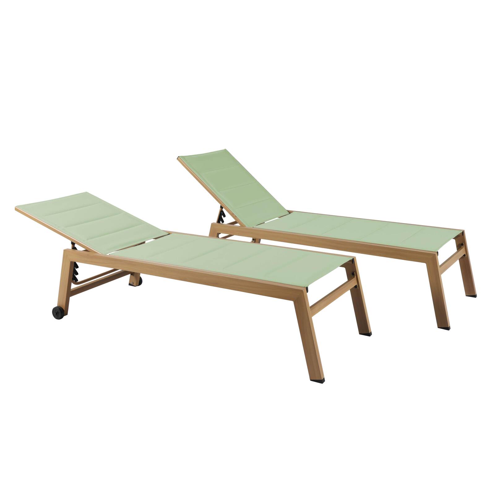Set di 2 lettini prendisole in alluminio effetto legno con ruote, reclinabili in 5 posizioni
