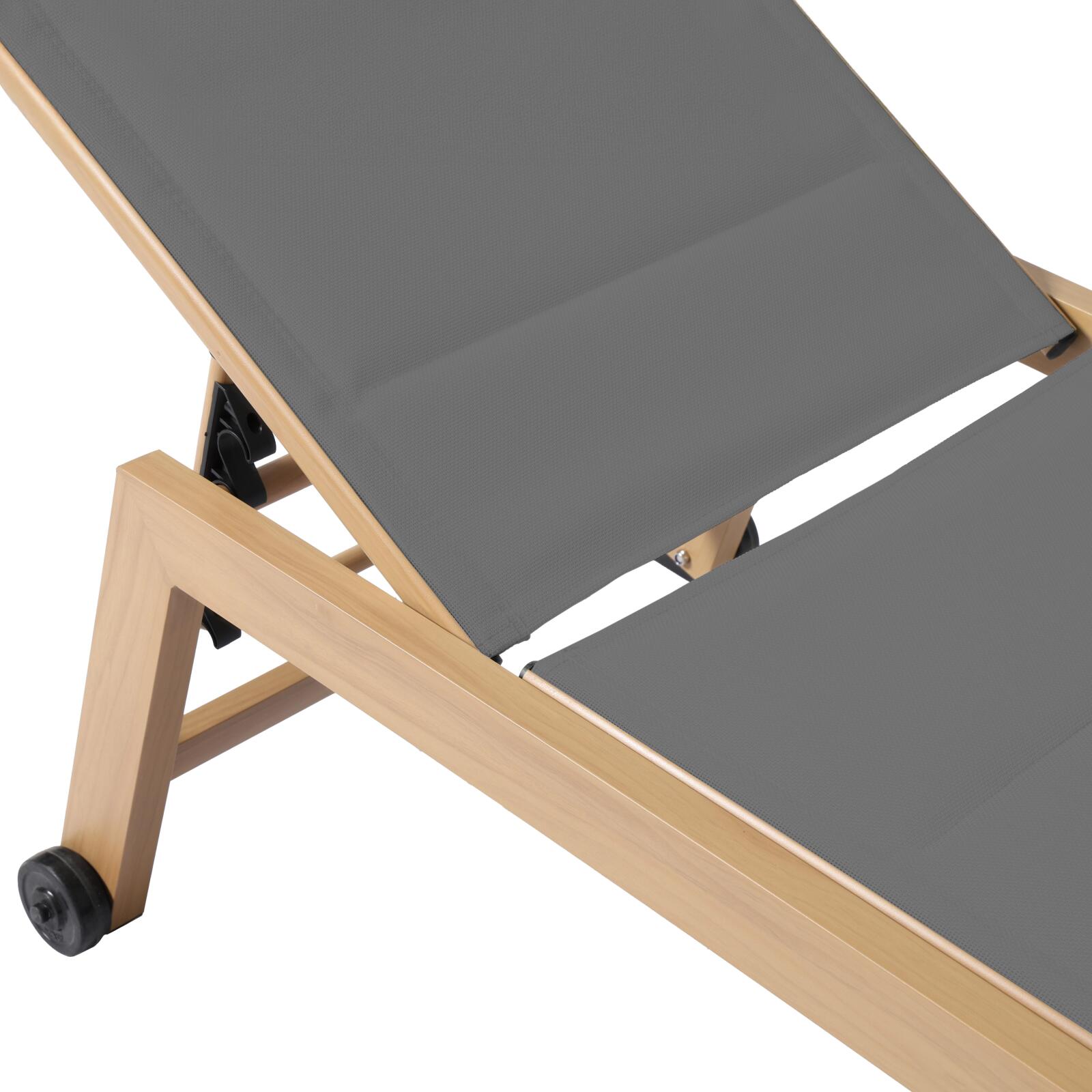 Set di 2 lettini prendisole in alluminio effetto legno con ruote, reclinabili in 5 posizioni