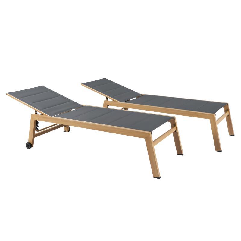 Set di 2 lettini prendisole in alluminio effetto legno con ruote, reclinabili in 5 posizioni