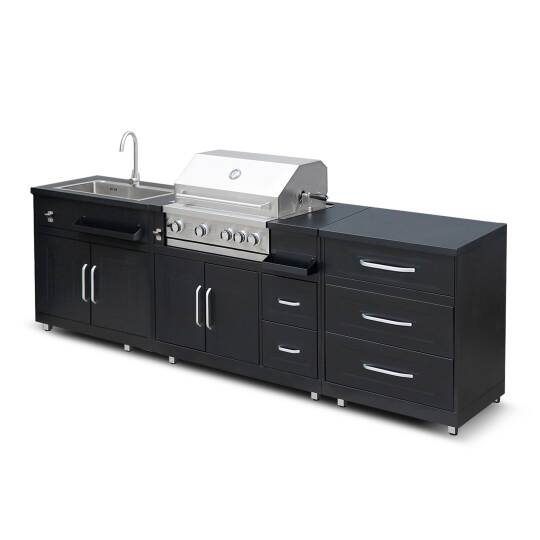 Cucina da esterno in metallo con lavatoio da esterno, barbecue e spazio - 3 moduli | Oviala