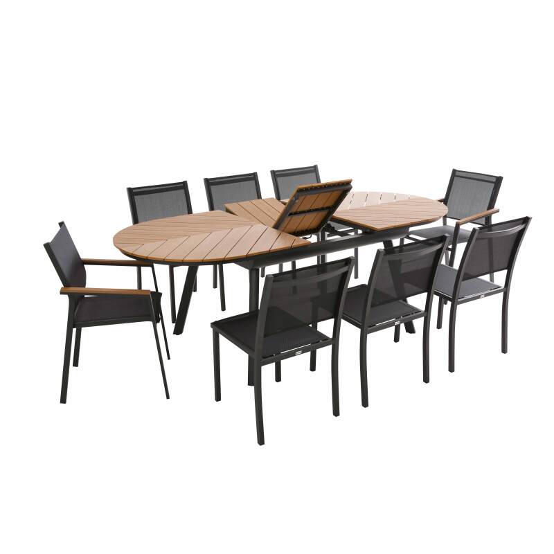 Tavolo da giardino rettangolare allungabile in polywood 180/220 cm con 6 sedie e 2 sedie con braccioli