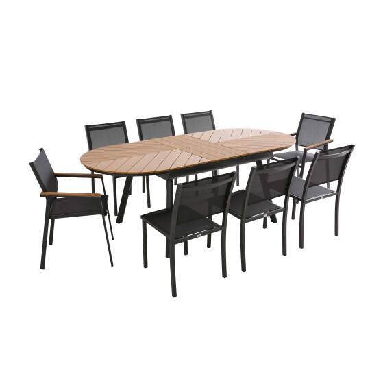 Tavolo da giardino rettangolare allungabile in polywood 180/220 cm con 6 sedie e 2 sedie con braccioli