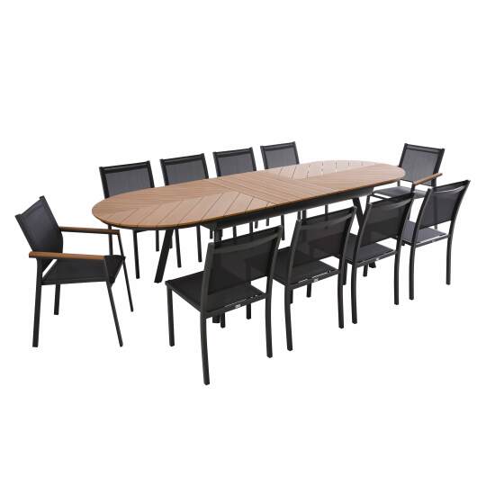 Tavolo da giardino rettangolare allungabile in polywood 220/280 cm con 8 sedie e 2 sedie con braccioli