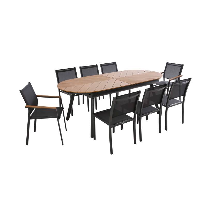 Tavolo da giardino rettangolare allungabile in polywood 220/280 cm con 8 sedie e 2 sedie con braccioli
