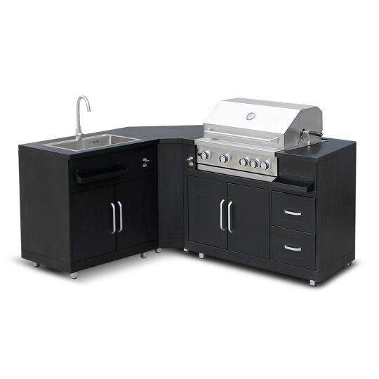 Cucina da esterno in metallo ad angolo con lavatoio da esterno, barbecue e spazio - 3 moduli | Oviala