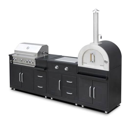Cucina da esterno in metallo con forno a legna, fornello a gas, barbecue e spazio - 3 moduli | Oviala